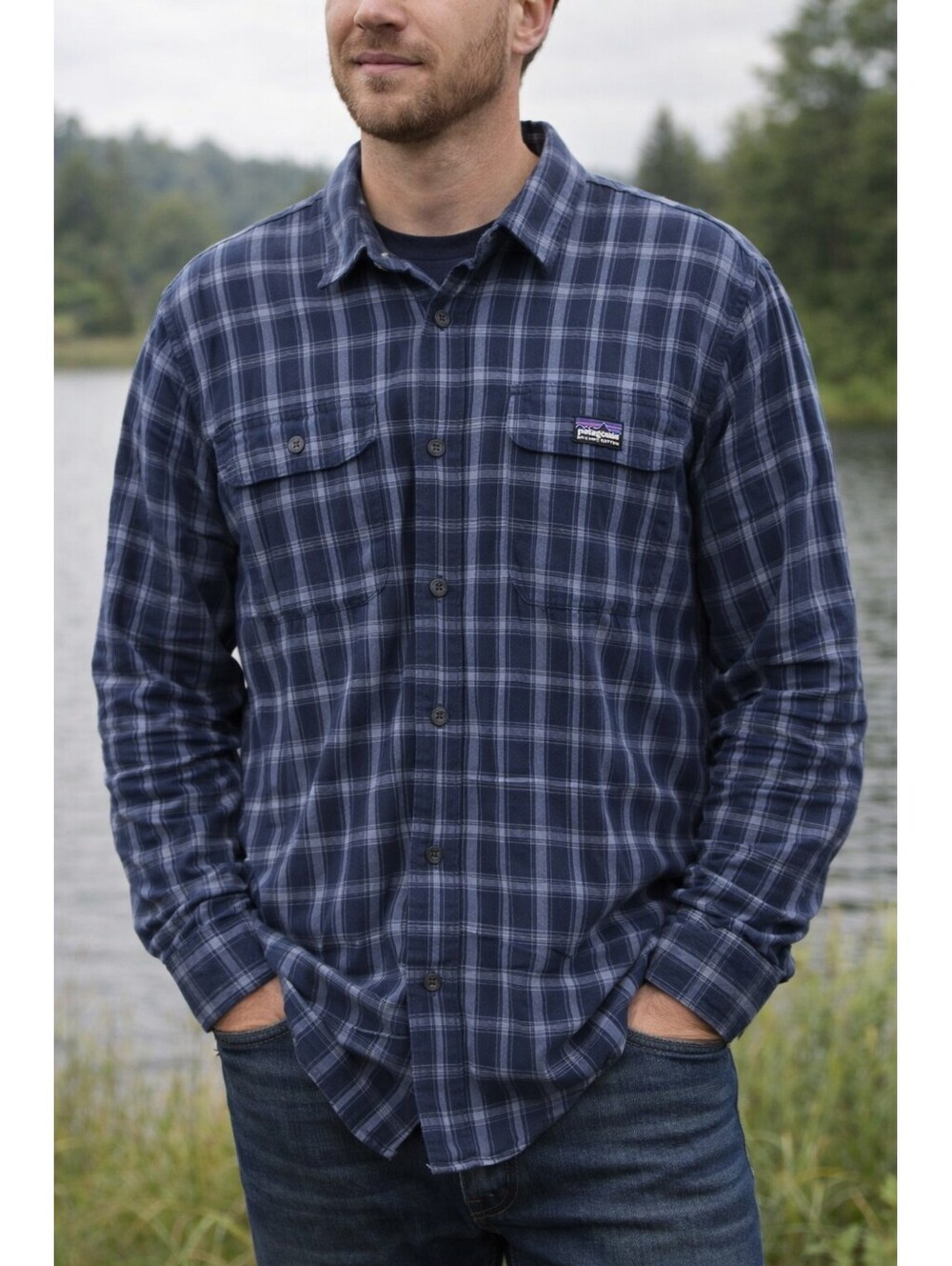Patagonia FJord Organic Cotton Flannel Blue Plaid Button-Up Classic Shirt M Lg